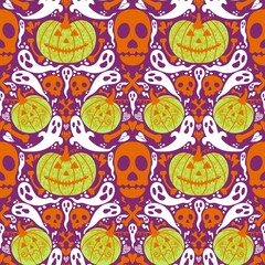 Autumn vegetable harvest seamless Halloween pumpkins pattern for wrapping paper and fabrics and kids clothes