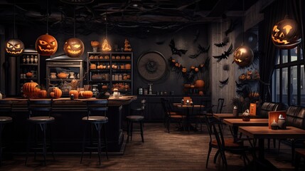 Fototapeta na wymiar Festive coffee cafe with Halloween decor. Tasty treats and autumn delights.