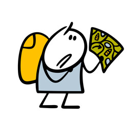 Confused male tourist on a hike with a large backpack holds a map of the area and does not know where to go. Vector illustration of a guy going camping.