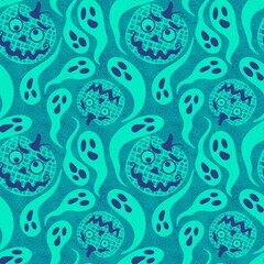 Autumn harvest seamless Halloween mosaic pumpkins pattern for wrapping paper and fabrics and kids clothes