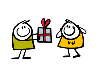 Party boy hands the girl a large gift box with a bow and ribbon. Vector illustration of a woman delighted with a birthday surprise.