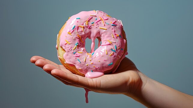 Pink Donut With Sprinkles On Hand