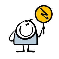 Cartoon stickman boy stands and holds the energy sign in his hand. Vector illustration of guy attracts attention with a lightning bolt pattern.