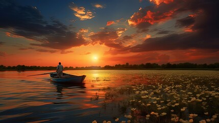 Naklejka na ściany i meble boat on the lake at sunset