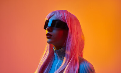 Woman in futuristic sunglasses and pink wig