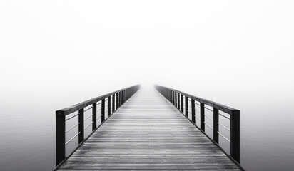Fototapeta premium Wooden bridge in the fog over the sea. AI generated