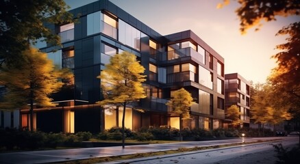 Modern condo townhouses in evening