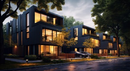 Modern condo townhouses in evening
