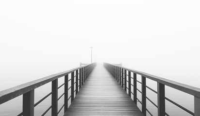 Wooden bridge in the fog over the sea. AI generated