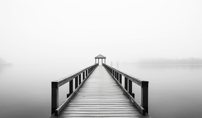Naklejka premium Wooden bridge in the fog over the sea. AI generated