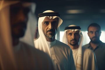 Portrait of Arabic middle aged Sheik in office with business partners.