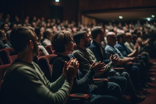 Audience applauding during conference presentation.