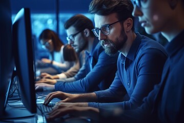 Group of IT programmers working on desktop computers in office.