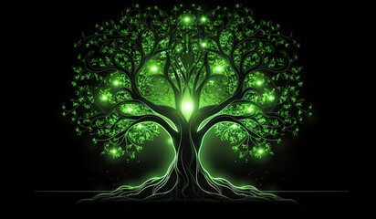 Fantasy background with luminous green tree. AI generated