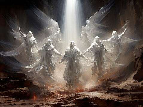 Illustration of angels descending Mount Hermon in mutual conjuration. Fallen angels on top of Mount Hermon. Gods of the past.