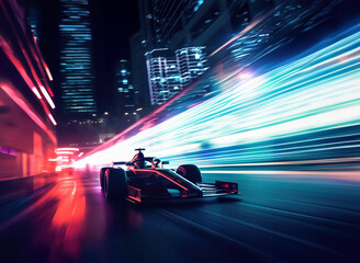 Colourful neon race car on the race track, Formula 1 at night competing at high speed in motion blur, light trails