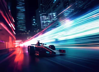  Colourful neon race car on the race track, Formula 1 at night competing at high speed in motion blur, light trails © Michael