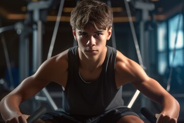 Fototapeta na wymiar Beautiful male teenager in sportswear working out at gym.