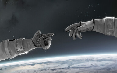 3D illustration of astronauts touch each other's hands. 5K realistic science fiction art. Elements of image provided by Nasa - 633525454
