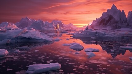 Antarctic glacier melting during sunset. Global warming and climate change concept.