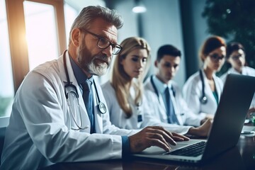 Fototapeta premium Group of healthcare workers using laptop while having a meeting in the office.
