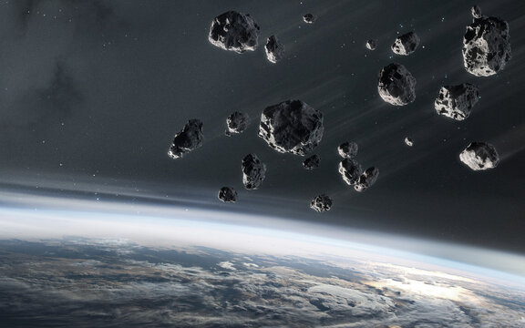 3D illustration of asteroids near Earth orbit. 5K realistic science fiction art. Elements of image provided by Nasa