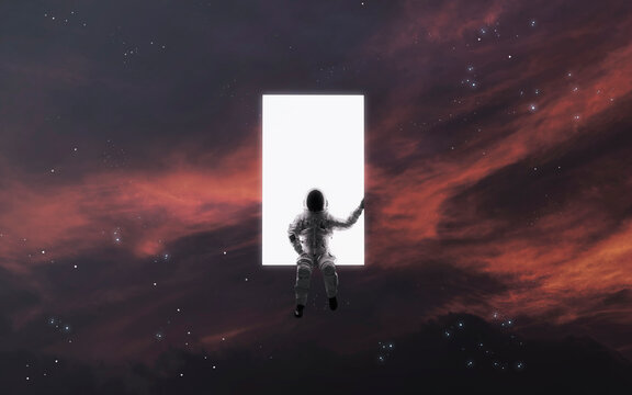 3D illustration of astronaut sitting in space door. 5K realistic science fiction art. Elements of image provided by Nasa