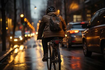 Bicyclist navigating through urban traffic - stock photography