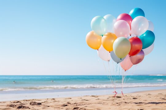 Seaside Serenity: Colorful Balloons on the Beach Photography 