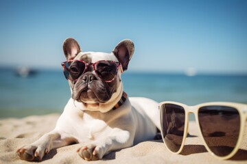 Fototapeta na wymiar Dog with sunglasses on the beach