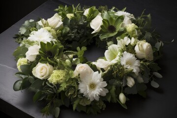 Obraz na płótnie Canvas A wreath made of white roses, white chrysanthemums, green hydrangeas, and green leaves, on a black surface and background, with soft and diffused lighting.