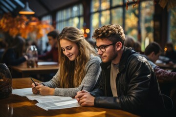 Students studying together in a library - stock photography