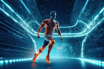 Futuristic hologram Football player in action at stadium during football match. Concept of sport and competition.
