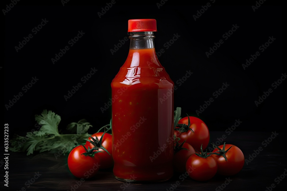 Poster the tomato sauce with tomatoes and parsley: a tall rectangular bottle of tomato sauce with a red cap
