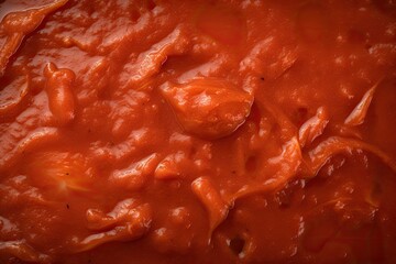 A close-up of a thick and glossy red sauce with small chunks.