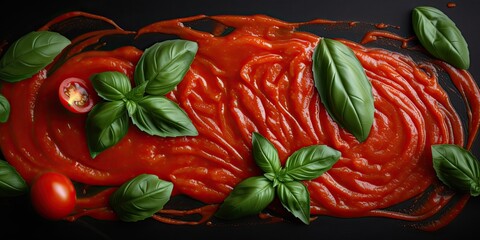 A tomato sauce swirl with basil leaves and a cherry tomato on a black background.