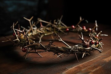A crown of thorns with red berries made of twisted and thorny branches on a dark background - Powered by Adobe