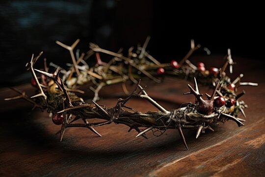 A crown of thorns with red berries made of twisted and thorny branches on a dark background