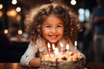 Child blowing out candles on a birthday cake - stock photography