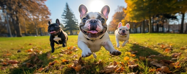 Pet Dogs, Energetic French Bulldogs Embrace Joy, Running Playfully in Open Field - Pure Canine Happiness Captured.