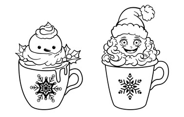 Set of two cups with hot chocolate or coffee with faces. Vector illustration.