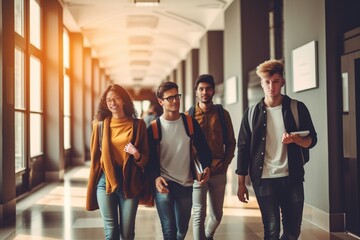 Obraz premium Group of multiracial students walking in university hall during break.