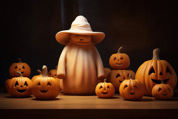 Cute Halloween ghost and curved pumpkins autumn background.