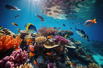 Obraz na płótnie Canvas Diver exploring a vibrant coral reef - stock photography