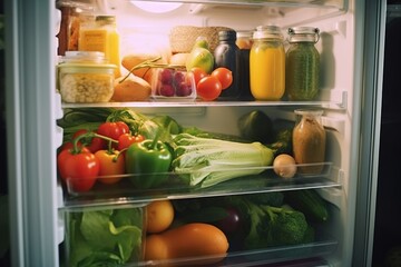 Opened refrigerator full of vegetables and fruits.