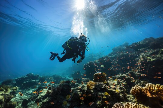 Diver exploring a vibrant coral reef - stock photography