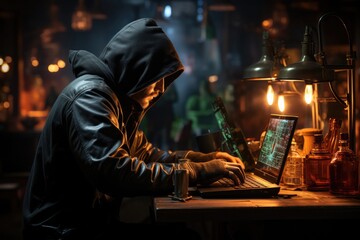 Hacker working on a laptop - stock photography