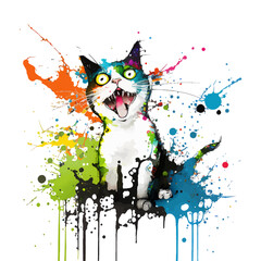 A Vibrant, Madcap Cat Portrait Bursting with Color and Quirky Personality in a Whimsical, Offbeat Illustration.