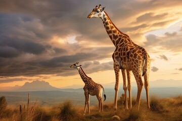 Obraz premium Mother giraffe and six week old baby calf standing together on a hilltop looking out into sunrise in partially cloudy sky.