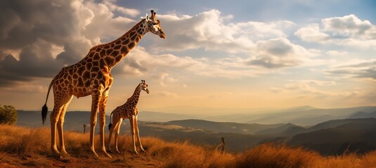 Mother giraffe and six week old baby calf standing together on a hilltop looking out into sunrise in partially cloudy sky.